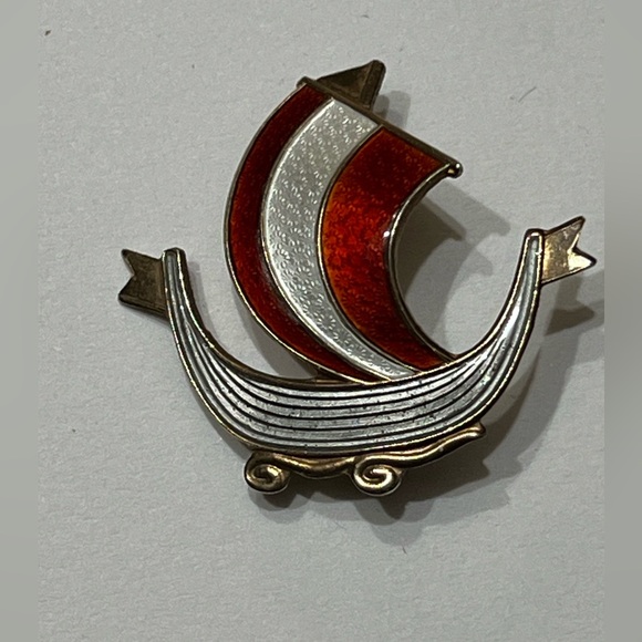 vintage Norwegian sterling silver / enamel Viking ship brooch by Aksel Holmsen.